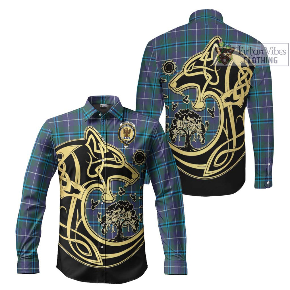 Sandilands Tartan Long Sleeve Button Shirt with Family Crest Celtic Wolf Style Men's Shirt S - Tartan Vibes Clothing