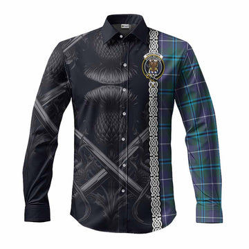 Sandilands Tartan Long Sleeve Button Shirt with Family Crest Cross Sword Thistle Celtic Vibes