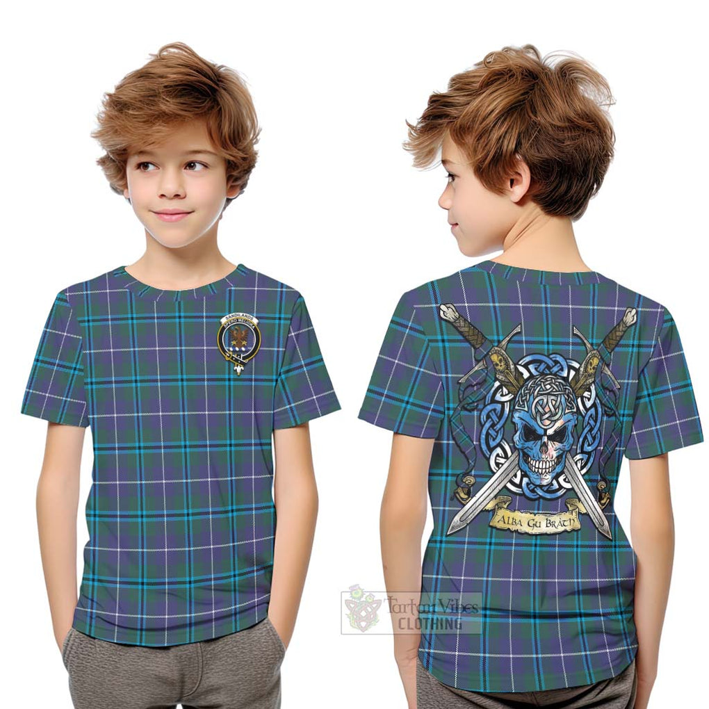 Tartan Vibes Clothing Sandilands Tartan Kid T-Shirt with Family Crest Celtic Skull Style