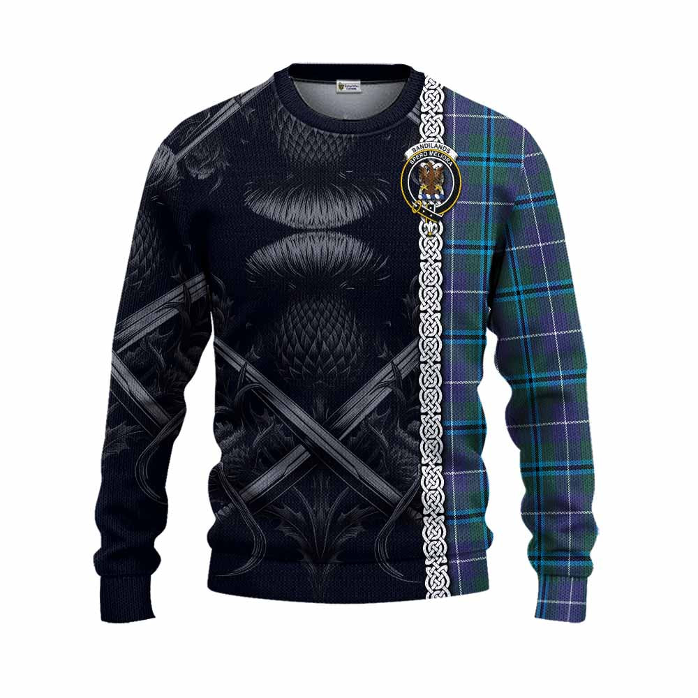 Tartan Vibes Clothing Sandilands Tartan Knitted Sweater with Family Crest Cross Sword Thistle Celtic Vibes