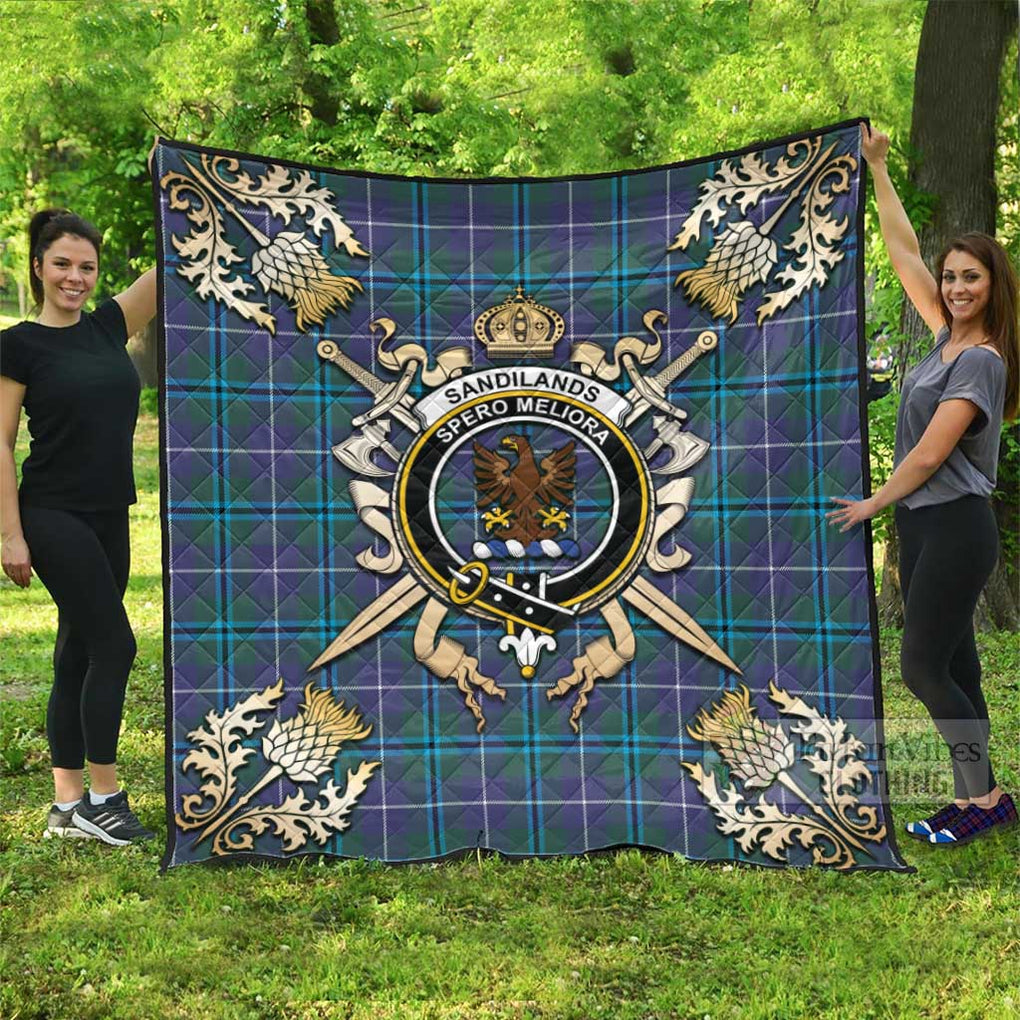 Tartan Vibes Clothing Sandilands Tartan Quilt with Family Crest and Scottish Golden Courage Shield