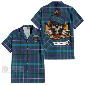 Sandilands Tartan Short Sleeve Button Shirt with Family Crest and Bearded Skull Holding Bottles of Whiskey