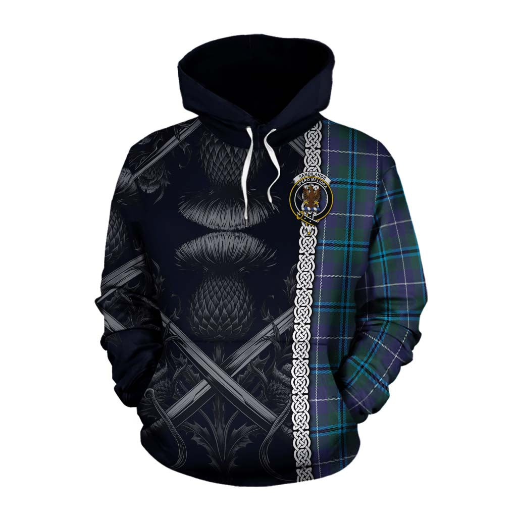 Tartan Vibes Clothing Sandilands Tartan Cotton Hoodie with Family Crest Cross Sword Thistle Celtic Vibes