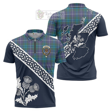 Sandilands Tartan Zipper Polo Shirt Featuring Thistle and Scotland Map