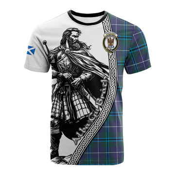 Sandilands Tartan Clan Crest Cotton T-shirt with Highlander Warrior Celtic Style