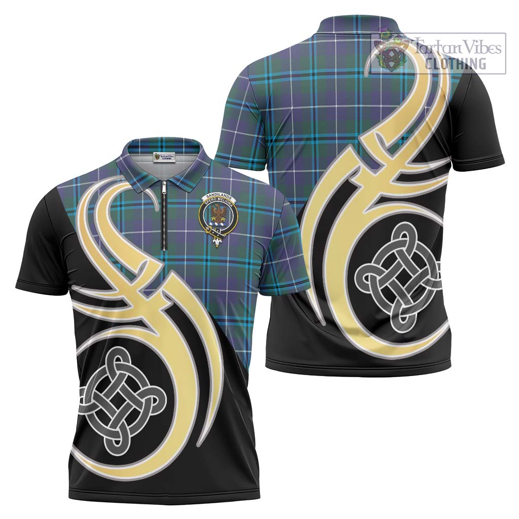 Tartan Vibes Clothing Sandilands Tartan Zipper Polo Shirt with Family Crest and Celtic Symbol Style