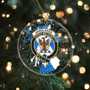 Sandilands Clan Crest Christmas Glass Ornament with Scotland Map