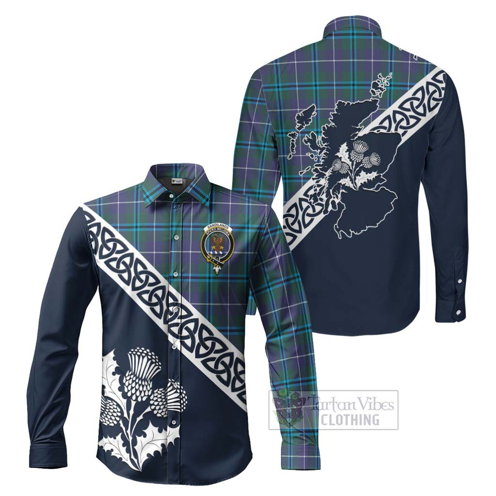 Tartan Vibes Clothing Sandilands Tartan Long Sleeve Button Shirt Featuring Thistle and Scotland Map