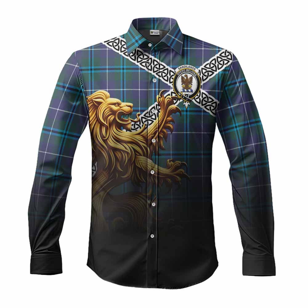 Sandilands Crest Tartan Long Sleeve Button Shirt with Golden Lion Emblem Celtic Style Men's Shirt S - Tartan Vibes Clothing