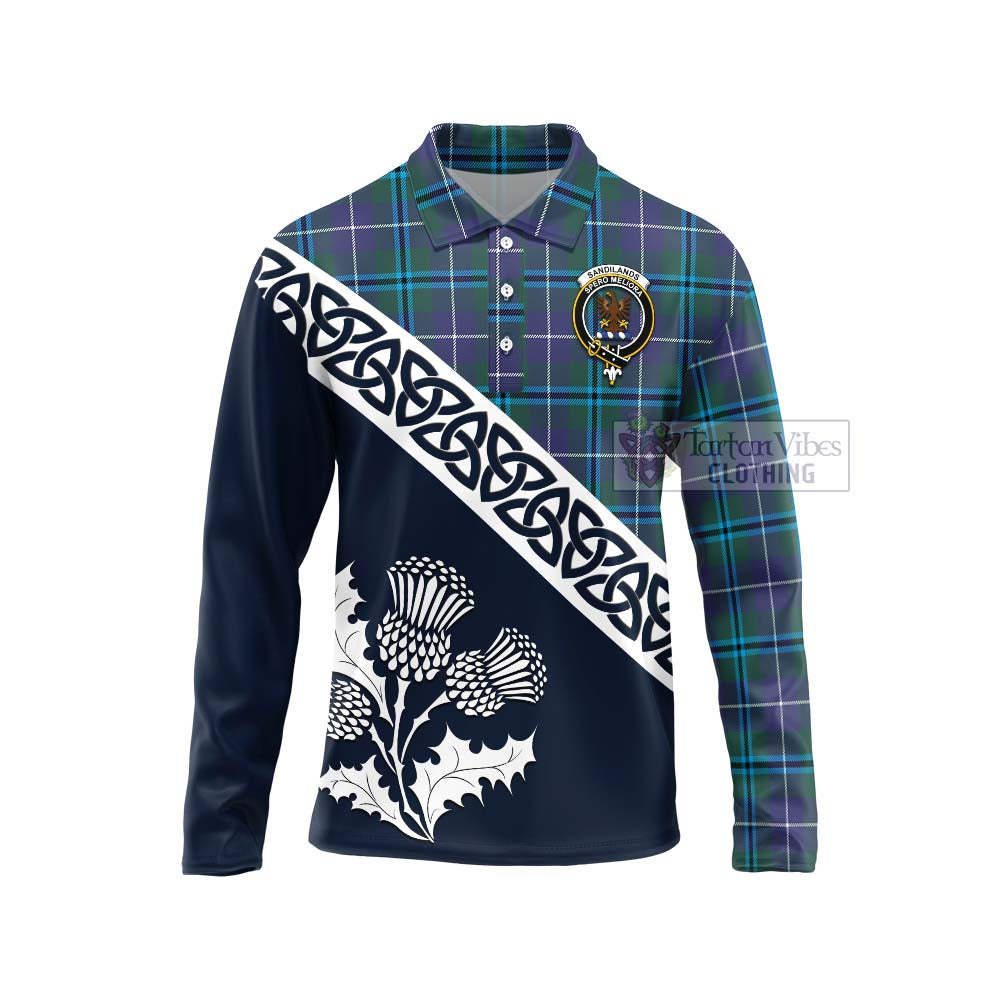 Tartan Vibes Clothing Sandilands Tartan Long Sleeve Polo Shirt Featuring Thistle and Scotland Map