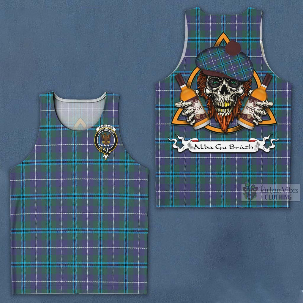 Tartan Vibes Clothing Sandilands Tartan Men's Tank Top with Family Crest and Bearded Skull Holding Bottles of Whiskey