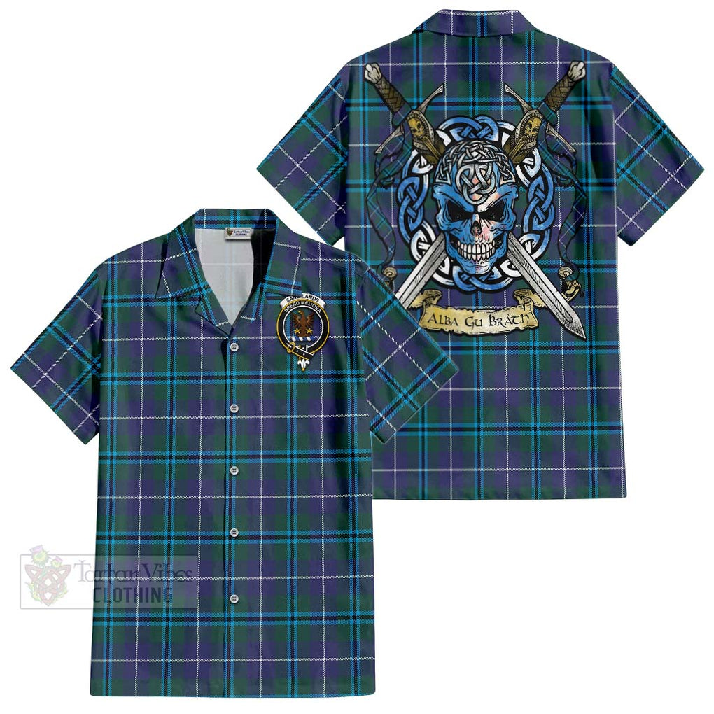 Tartan Vibes Clothing Sandilands Tartan Short Sleeve Button Shirt with Family Crest Celtic Skull Style