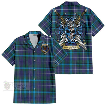 Sandilands Tartan Short Sleeve Button Shirt with Family Crest Celtic Skull Style