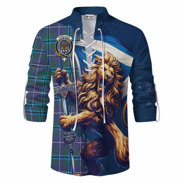 Sandilands Tartan Family Crest Ghillie Kilt Shirt with Scottish Majestic Lion