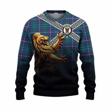 Sandilands Crest Tartan Knitted Sweater with Golden Lion Emblem Celtic Style Unisex - Tartan Vibes Clothing