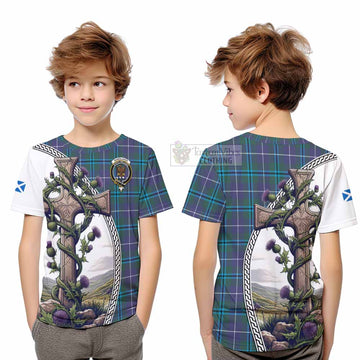 Sandilands Tartan Kid T-Shirt with Family Crest and St. Andrew's Cross Accented by Thistle Vines