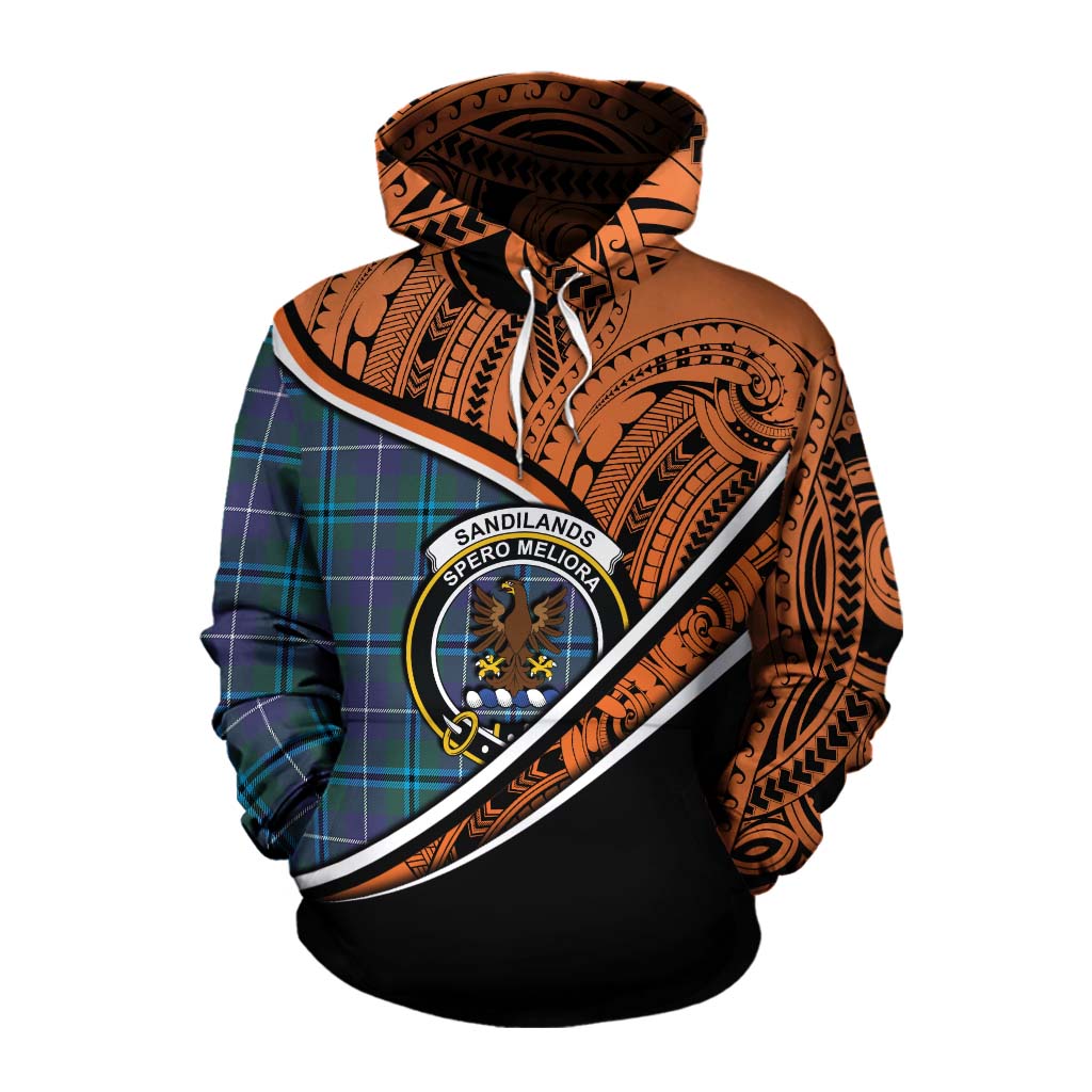 Tartan Vibes Clothing Sandilands Crest Tartan Cotton Hoodie with Maori Tattoo Style - Orange Version