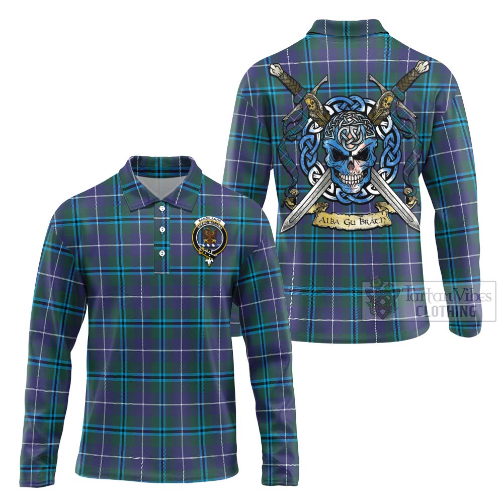 Tartan Vibes Clothing Sandilands Tartan Long Sleeve Polo Shirt with Family Crest Celtic Skull Style