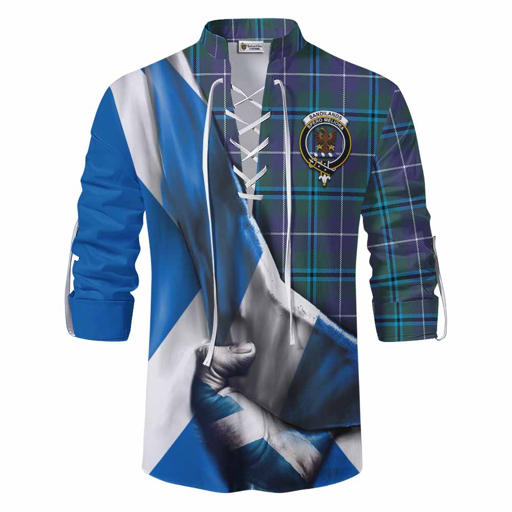 Tartan Vibes Clothing Sandilands Tartan Ghillie Kilt Shirt with Family Crest Scotland Patriotic Style