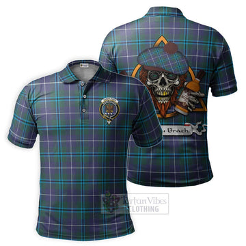 Sandilands Tartan Polo Shirt with Family Crest and Bearded Skull Holding Bottles of Whiskey