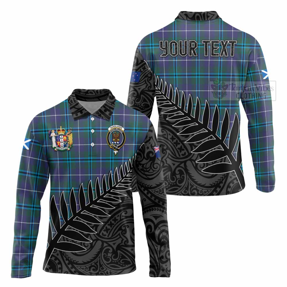 Tartan Vibes Clothing Sandilands Crest Tartan Long Sleeve Polo Shirt with New Zealand Silver Fern Half Style