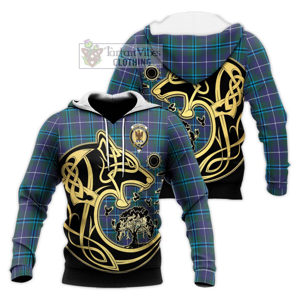 Sandilands Tartan Knitted Hoodie with Family Crest Celtic Wolf Style Unisex Knitted Pullover Hoodie - Tartan Vibes Clothing