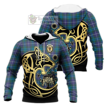 Sandilands Tartan Knitted Hoodie with Family Crest Celtic Wolf Style