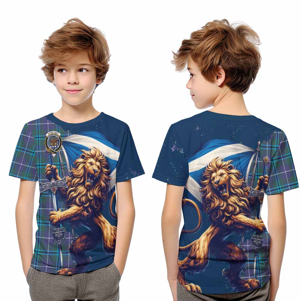 Tartan Vibes Clothing Sandilands Tartan Family Crest Kid T-Shirt with Scottish Majestic Lion