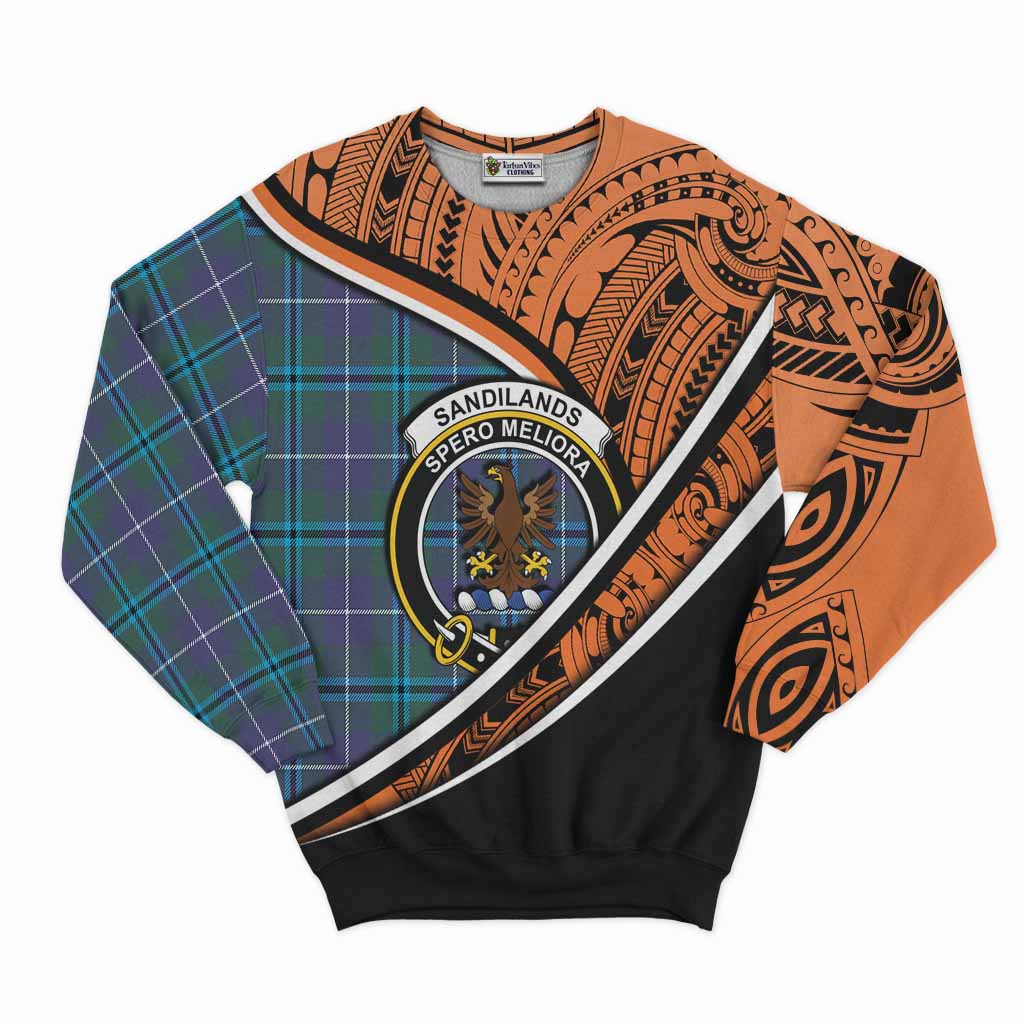 Tartan Vibes Clothing Sandilands Crest Tartan Sweatshirt with Maori Tattoo Style - Orange Version