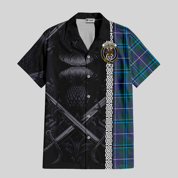 Sandilands Tartan Short Sleeve Button Shirt with Family Crest Cross Sword Thistle Celtic Vibes