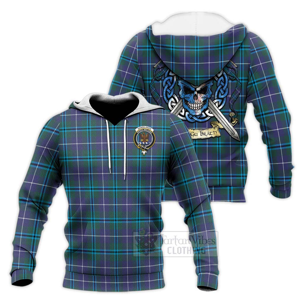 Tartan Vibes Clothing Sandilands Tartan Knitted Hoodie with Family Crest Celtic Skull Style