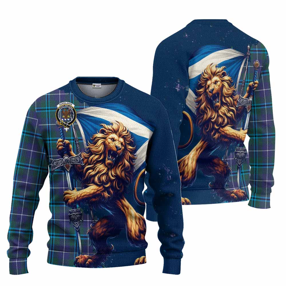 Tartan Vibes Clothing Sandilands Tartan Family Crest Knitted Sweater with Scottish Majestic Lion