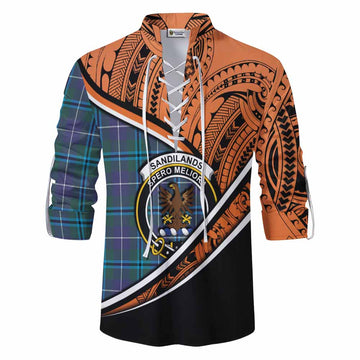 Sandilands Crest Tartan Ghillie Kilt Shirt with Polynesian Vibes Style - Orange Version