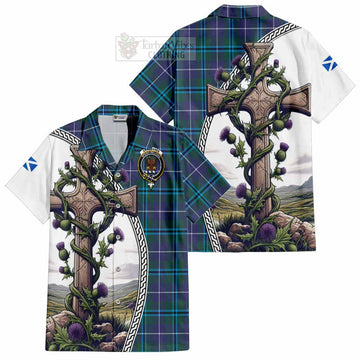 Sandilands Tartan Short Sleeve Button Shirt with Family Crest and St. Andrew's Cross Accented by Thistle Vines