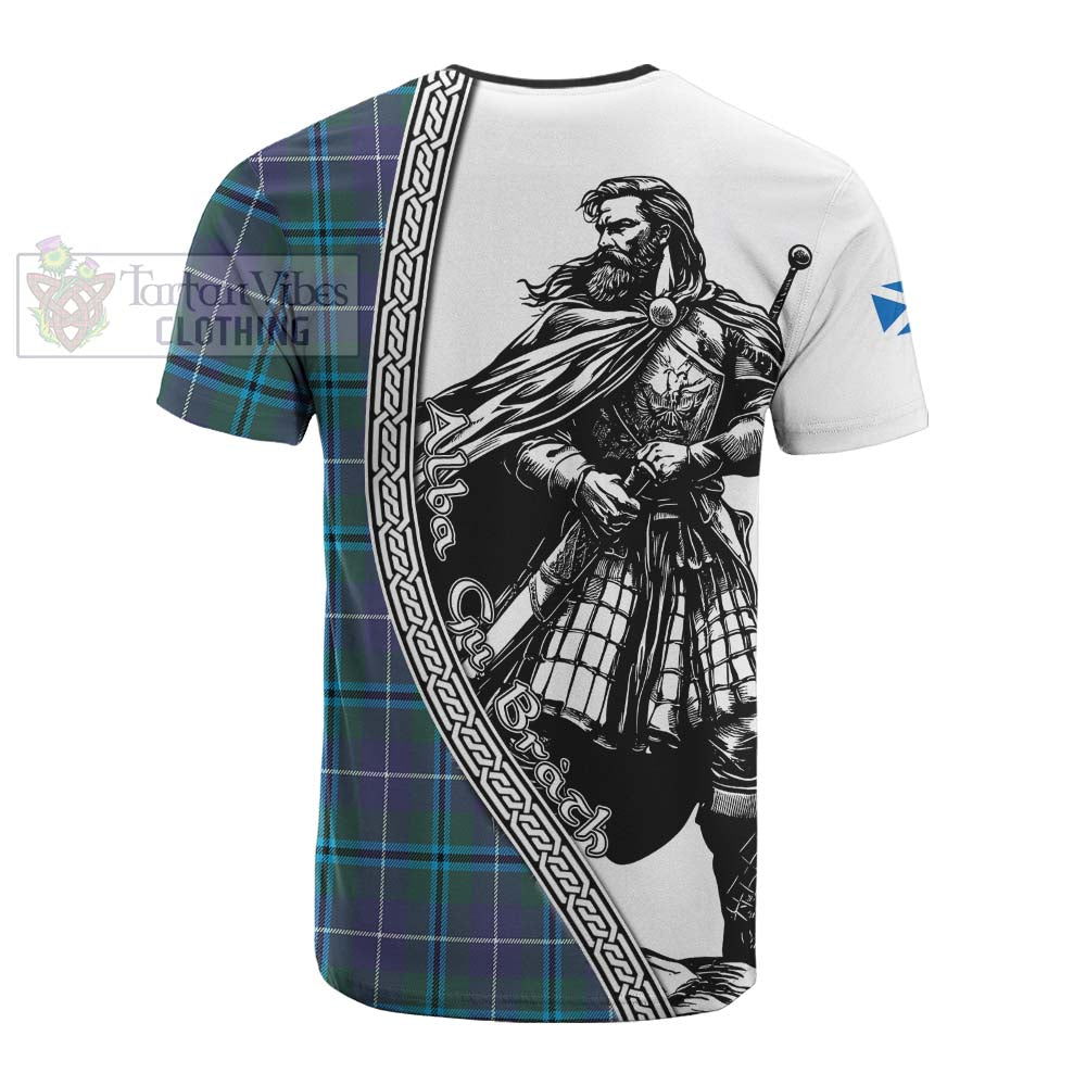 Sandilands Tartan Clan Crest Cotton T-shirt with Highlander Warrior Celtic Style