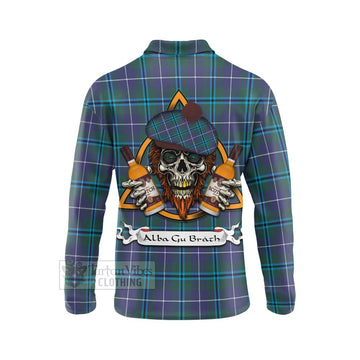 Sandilands Tartan Long Sleeve Polo Shirt with Family Crest and Bearded Skull Holding Bottles of Whiskey