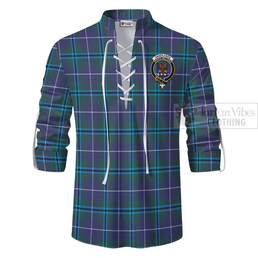 Tartan Vibes Clothing Sandilands Tartan Ghillie Kilt Shirt with Family Crest and Bearded Skull Holding Bottles of Whiskey