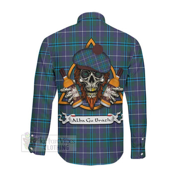 Sandilands Tartan Long Sleeve Button Shirt with Family Crest and Bearded Skull Holding Bottles of Whiskey