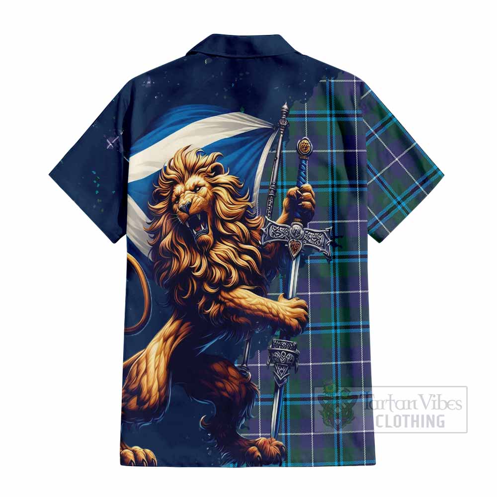 Tartan Vibes Clothing Sandilands Tartan Family Crest Short Sleeve Button Shirt with Scottish Majestic Lion