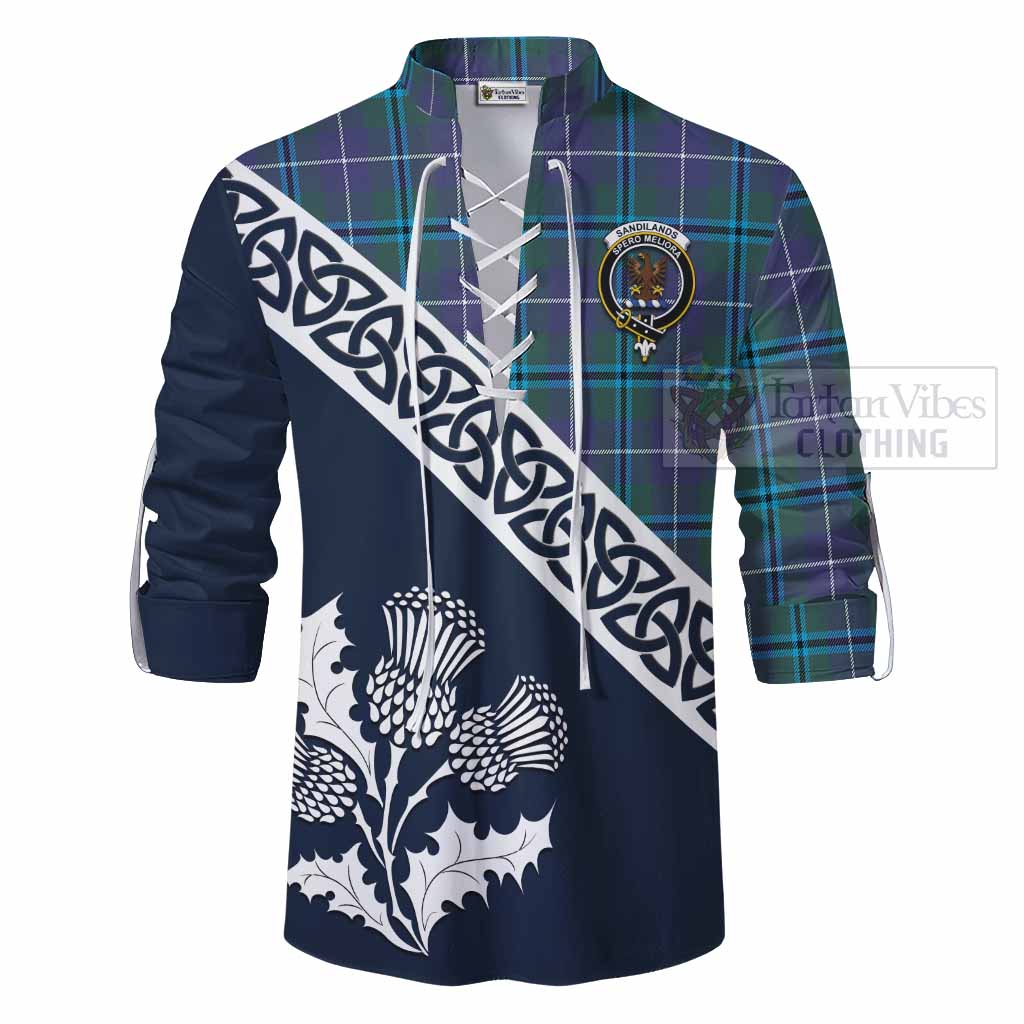 Tartan Vibes Clothing Sandilands Tartan Ghillie Kilt Shirt Featuring Thistle and Scotland Map