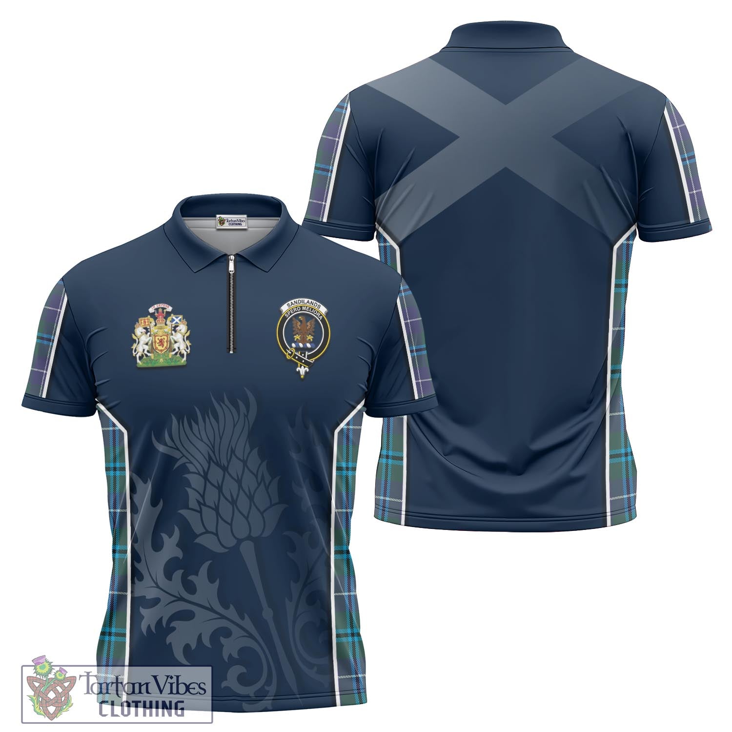 Tartan Vibes Clothing Sandilands Tartan Zipper Polo Shirt with Family Crest and Scottish Thistle Vibes Sport Style