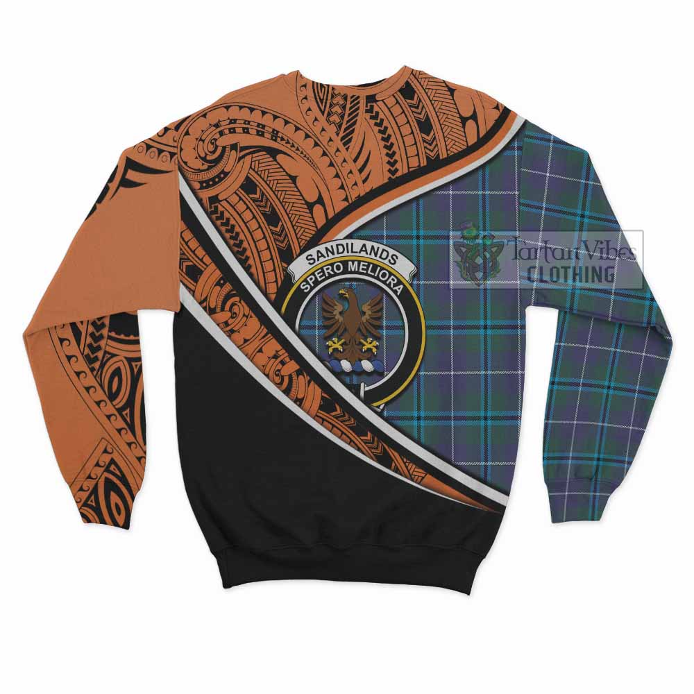 Tartan Vibes Clothing Sandilands Crest Tartan Sweatshirt with Maori Tattoo Style - Orange Version