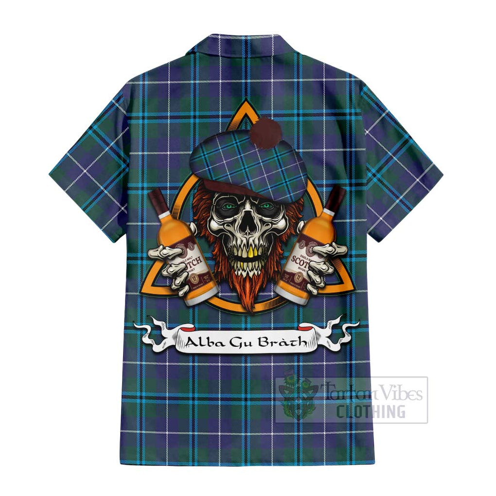 Tartan Vibes Clothing Sandilands Tartan Short Sleeve Button Shirt with Family Crest and Bearded Skull Holding Bottles of Whiskey