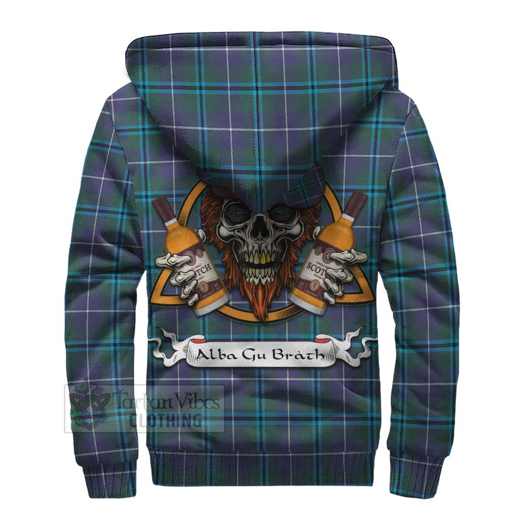 Tartan Vibes Clothing Sandilands Tartan Sherpa Hoodie with Family Crest and Bearded Skull Holding Bottles of Whiskey