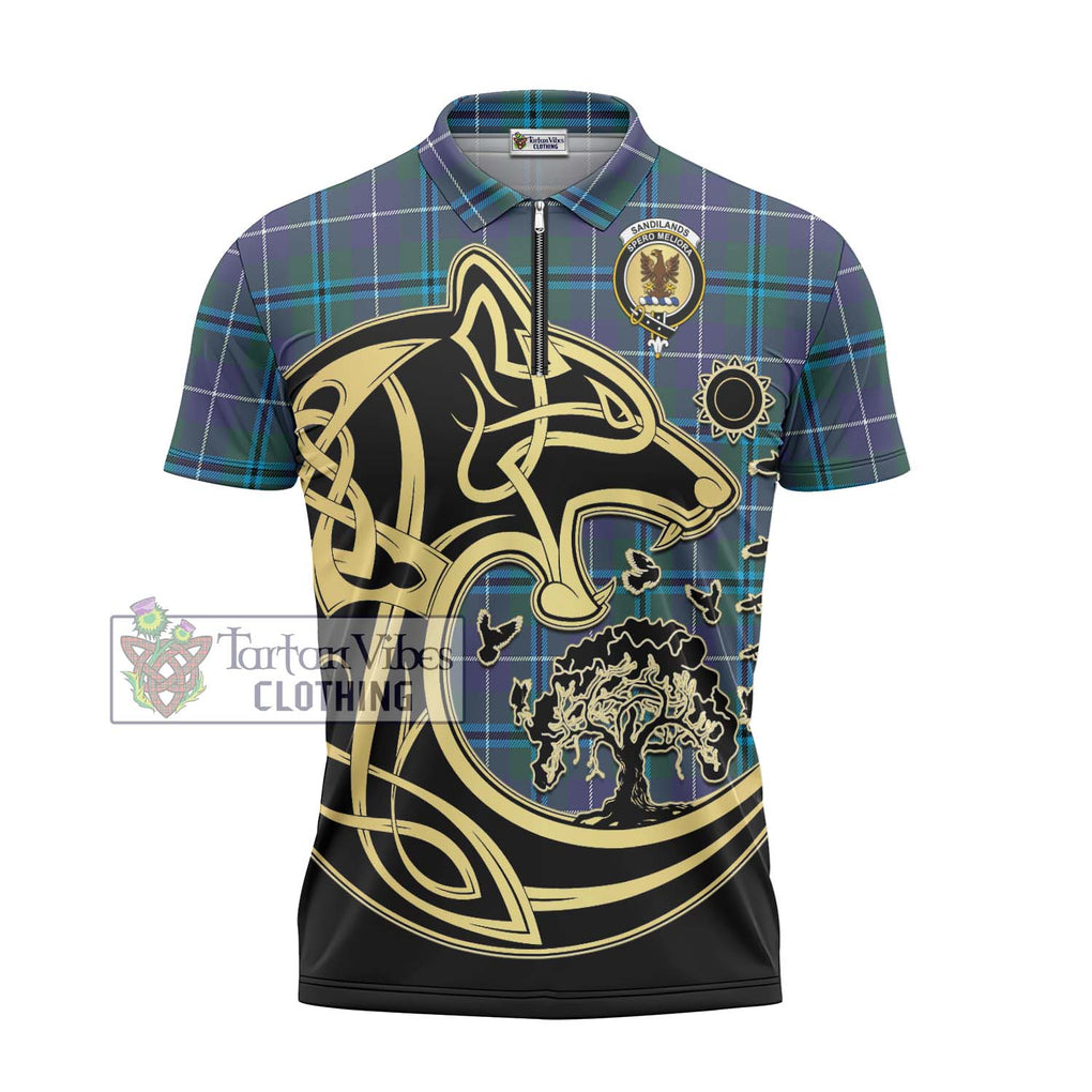 Sandilands Tartan Zipper Polo Shirt with Family Crest Celtic Wolf Style - Tartan Vibes Clothing