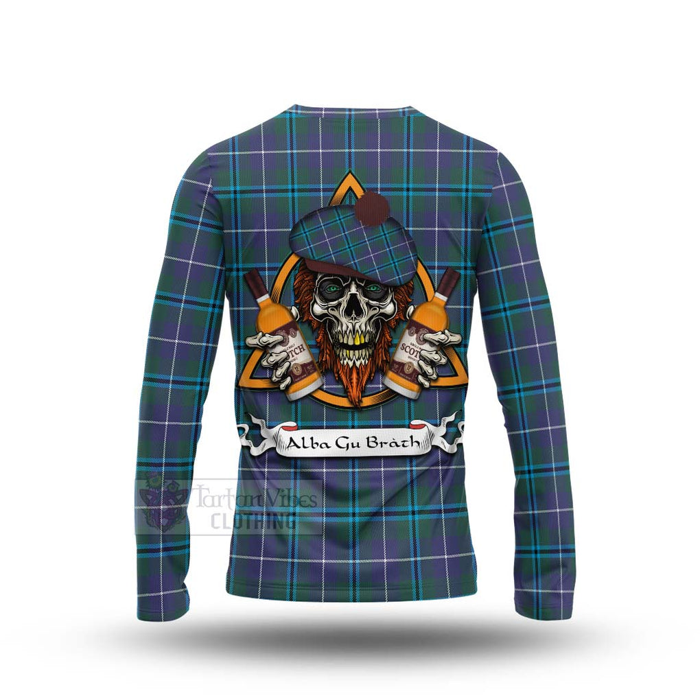 Tartan Vibes Clothing Sandilands Tartan Long Sleeve T-Shirt with Family Crest and Bearded Skull Holding Bottles of Whiskey