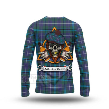 Sandilands Tartan Long Sleeve T-Shirt with Family Crest and Bearded Skull Holding Bottles of Whiskey