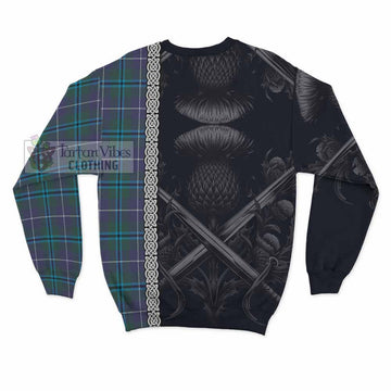 Sandilands Tartan Sweatshirt with Family Crest Cross Sword Thistle Celtic Vibes