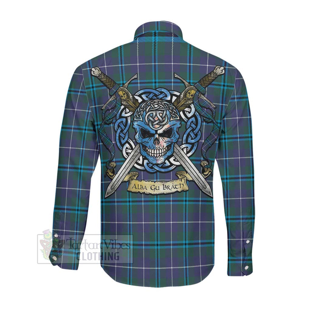 Tartan Vibes Clothing Sandilands Tartan Long Sleeve Button Shirt with Family Crest Celtic Skull Style