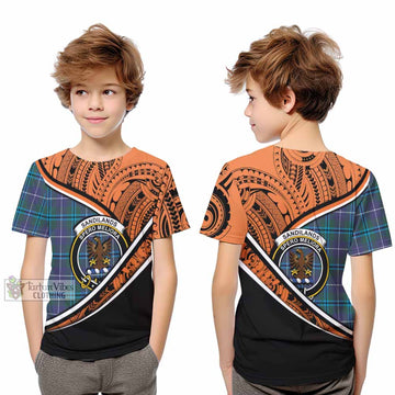 Sandilands Crest Tartan Kid T-Shirt with Polynesian Vibes Style - Orange Version